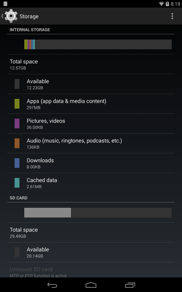 Storage in Android Settings, LG Pad 8.3, Android 4.4.2