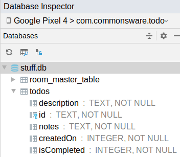 Database Inspector, Showing Table Schema