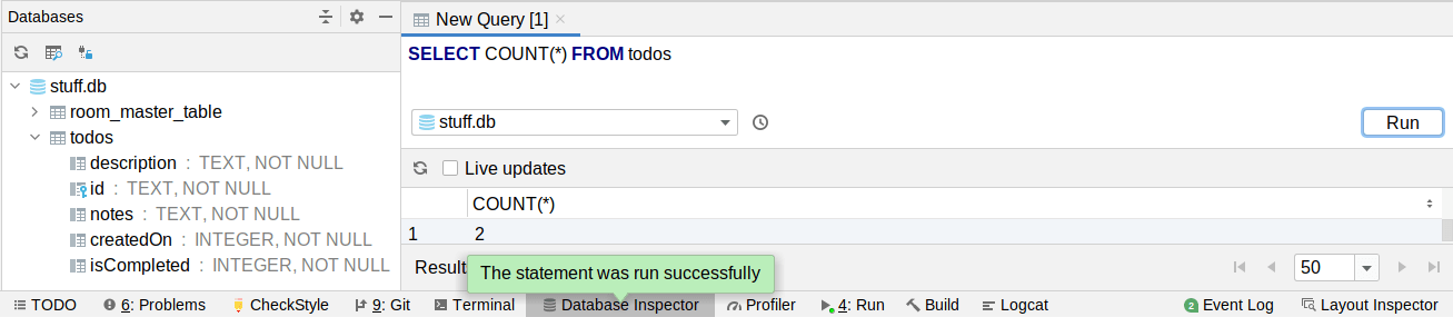Database Inspector, Showing Query, Results, and Congratulatory Tooltip