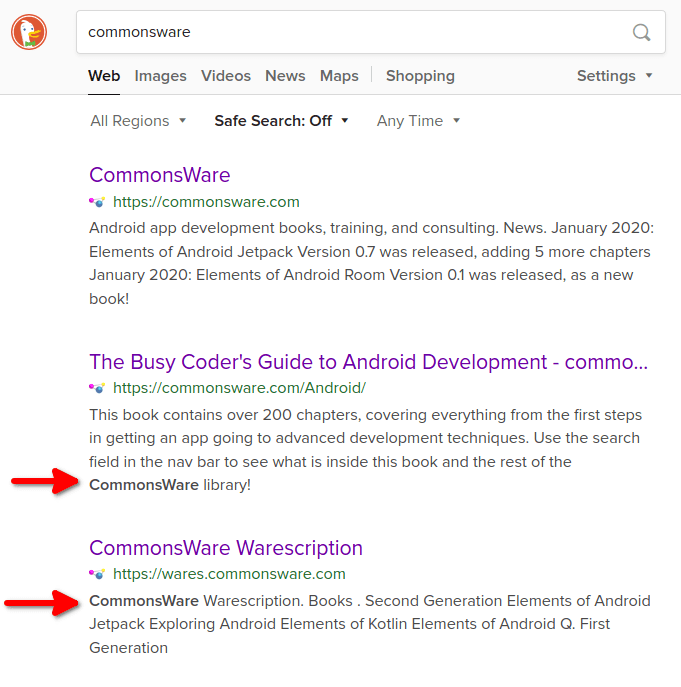 DuckDuckGo Search for CommonsWare, with Keyword Highlights