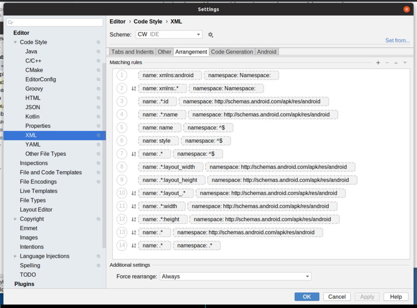 Broken Android Studio 3.5 XML Arrangement Rules