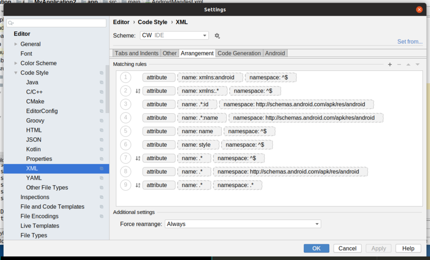 Repaired Android Studio 3.5 XML Arrangement Rules