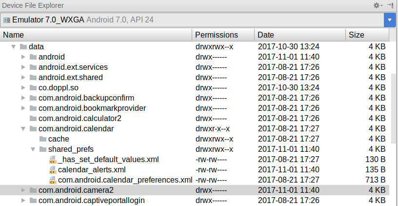 Device File Explorer, Showing Contents of Internal Storage