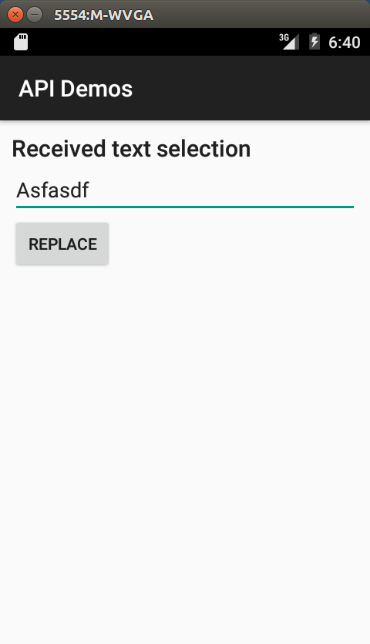 API Demos Application, Showing Text Selection